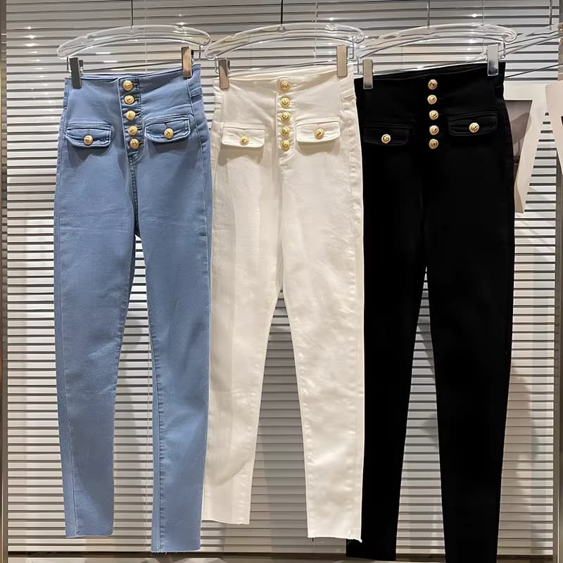 2025, Damen-Jeans mit hoher Taille, elastischem Bleistiftboden, Herbst, neue Doppeltasche, Metallschnalle, Temperament, Schlankheitshose