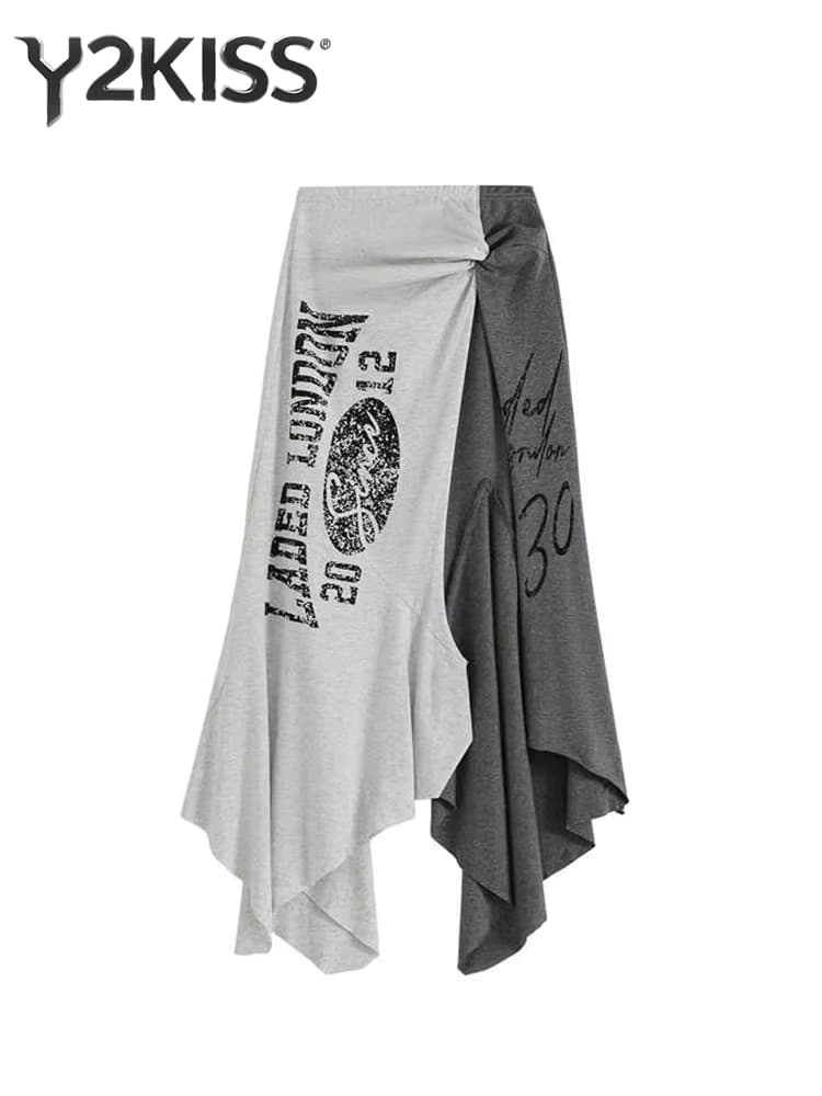 2026 Sommer Damen Midi-Split-Röcke Patchwork Amerikanisches Retro-Design E-Girl Gyaru Abi Y2K Ästhetik Harajuku 2000er Cyber-Trend