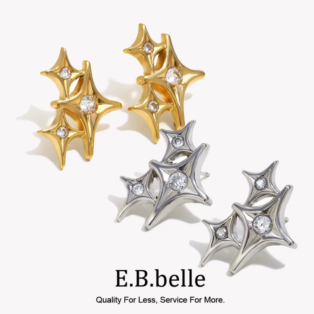 E.B.belle Ohrstecker mit drei vierzackigen Stern, zusammen mit Zirkonstein, 18 Karat vergoldet, passend für Damenschmuck