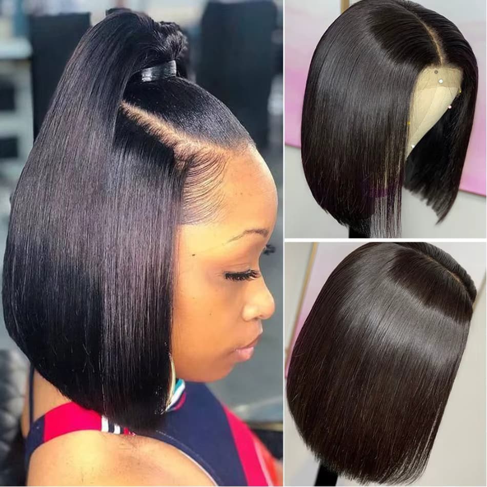Leimlose Perücken, 13 x 4 kurze Bob-Perücken, knochengerade Spitze-Front-Echthaar-Perücken für Frauen, brasilianische HD-transparente Spitze-Frontal-Perücken