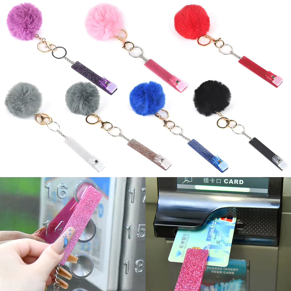 Contactless Card Grabber Clip Acrylic ATM Bank Credit Card Extractor Puller for Long Nails Key Chain Keyring with Puff Ball Gift