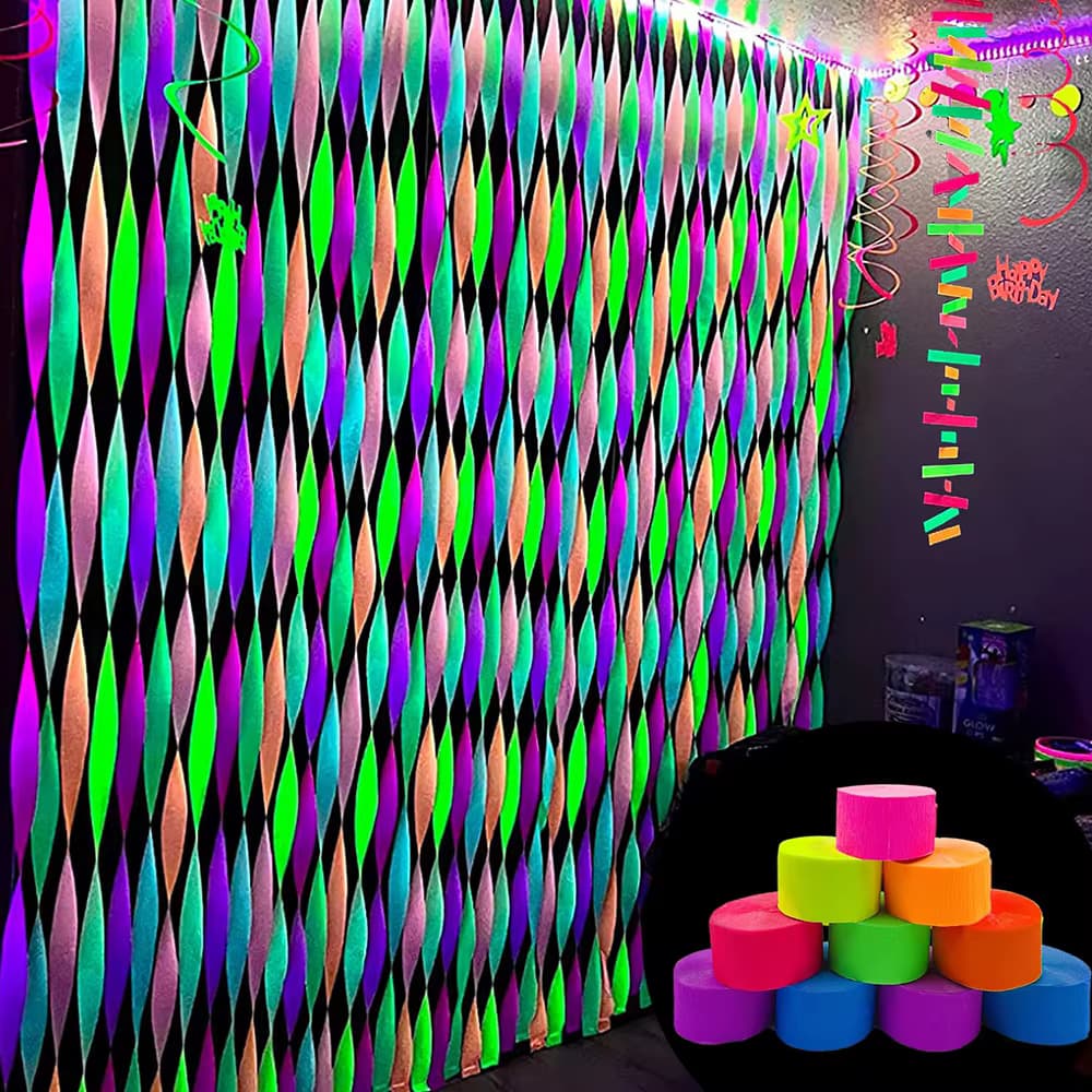 Glow Crêpe-Papier-Luftschlangen, UV-reaktive fluoreszierende Neon-Papier-Luftschlangen, leuchten im Dunkeln, Party, Hochzeit, Geburtstag, Schwarzlicht-Dekoration