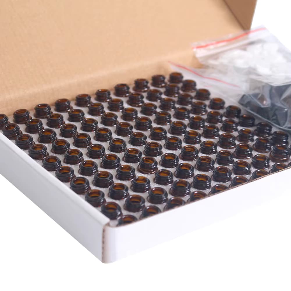 100 stücke 1ml 2ml Braun glasflaschen für ätherische Öle Proben flaschen nachfüllbare leere Flasche mit schwarzen Kappen für ätherisches Öl