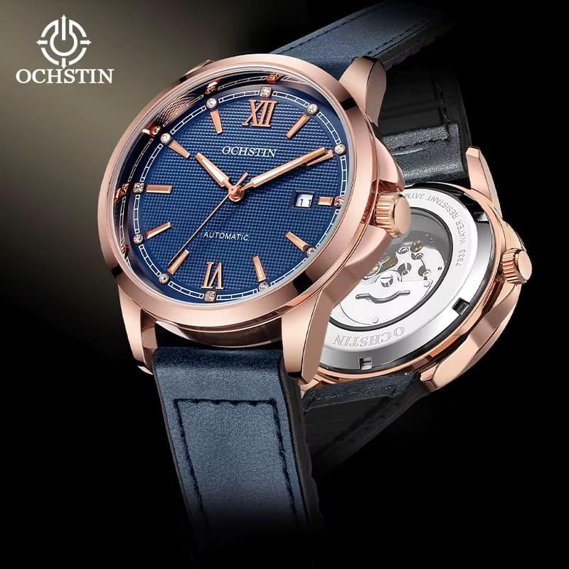 OCHSTIN Herrenuhr, automatisch, mechanisch, mit automatischem Datum, luxuriöses Roségoldgehäuse, Kronenschutz, Lederarmband, Herren-Armbanduhr