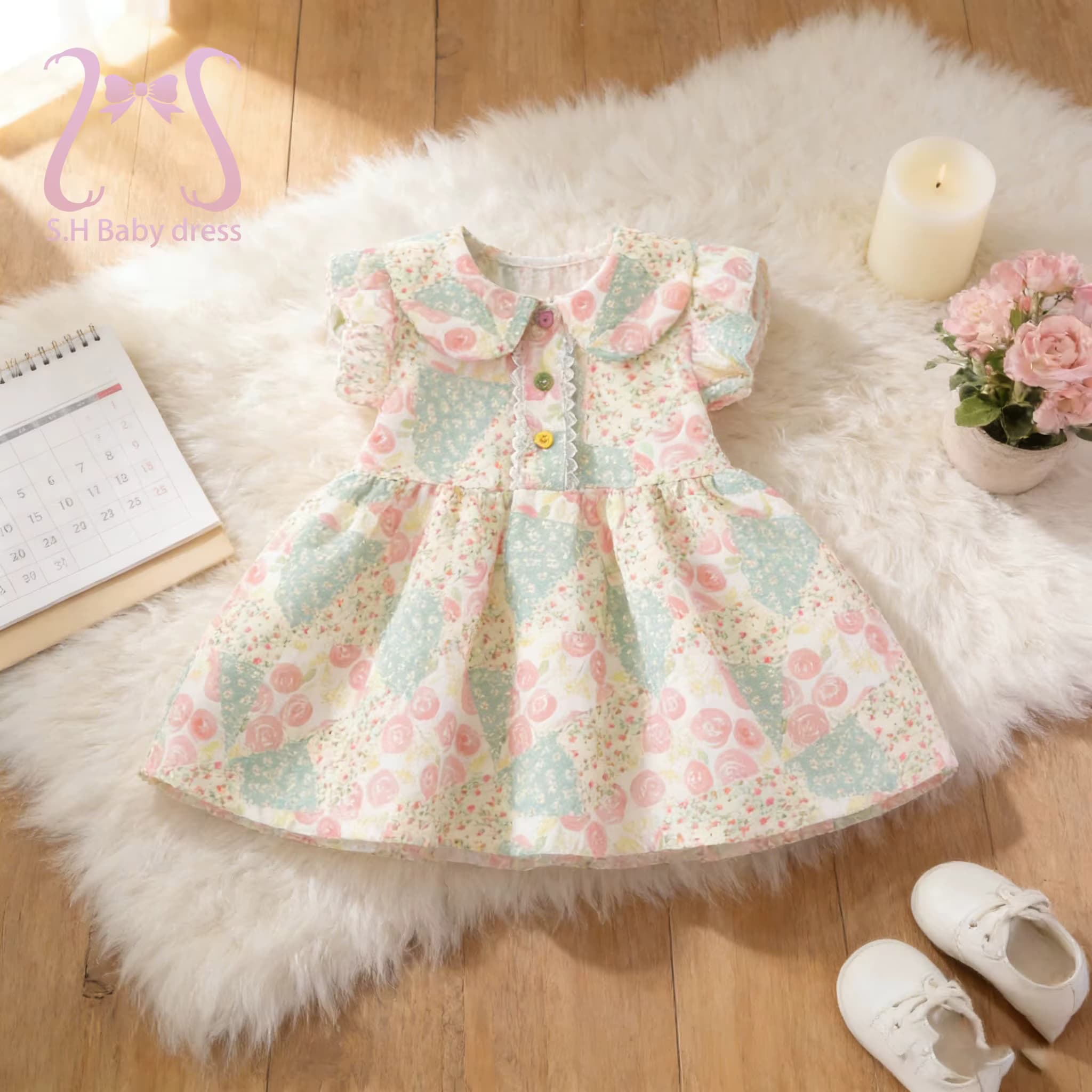 Süßes Sommerkleid mit kurzen Ärmeln für Babys im pastoralen Stil, schöne Kleidung für Kleinkinder, weiche Kleidung für 0–4 Jahre, Kinderkleidung