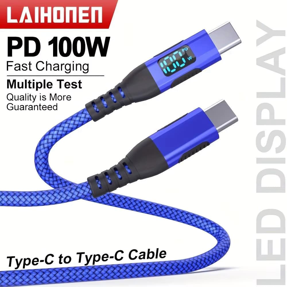 LAIHONEN 100W 5A USB-C-auf-Typ-C-Kabel mit blauer LED-Anzeige, 3,3/6,6/10 Fuß, schnelles Lade- und Datenkabel für iPhone 15, iPad Pro, Samsung S23