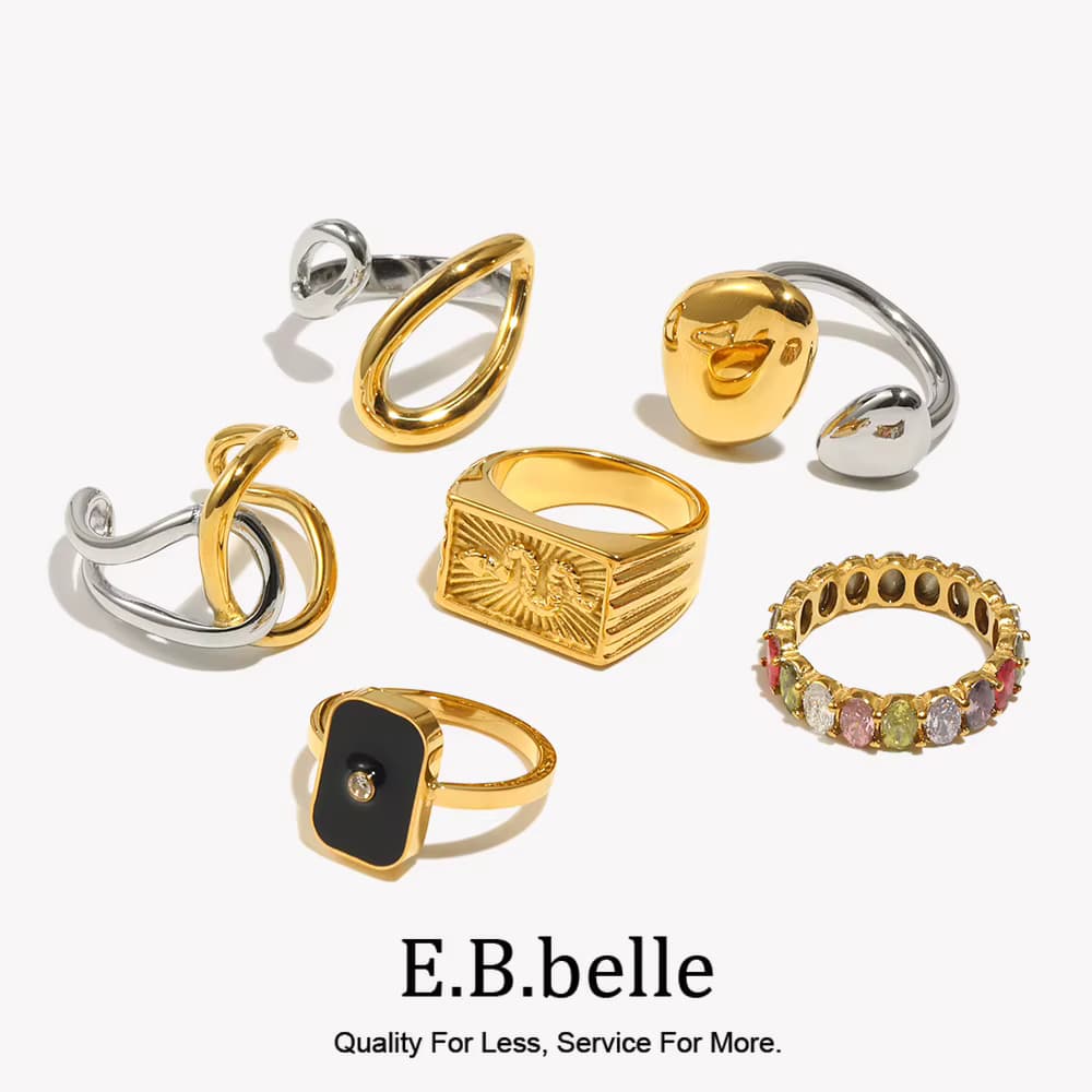 E.B.belle Neue Mix Farbe Zirkon Quadratische Linien Ringe Edelstahl 18K Gold Überzogene Mode Schmuck Zubehör