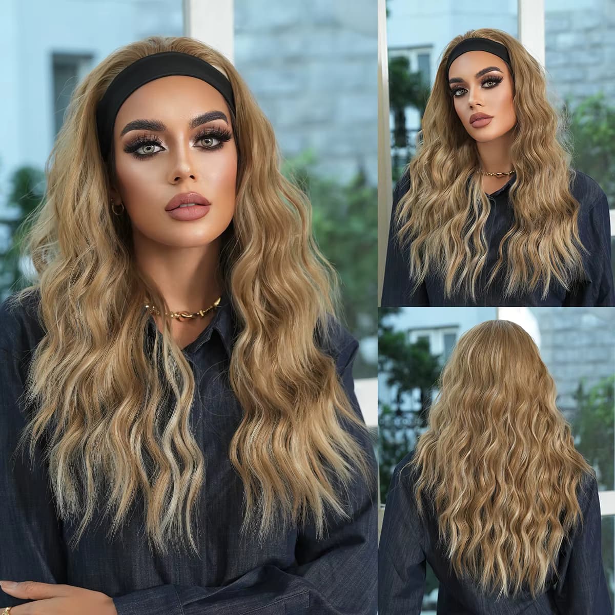 NAMM Lange lockige braune Stirnband-Perücke für Frauen, beige, hitzebeständiges Faserhaarstück mit natürlicher synthetischer Haarperücke