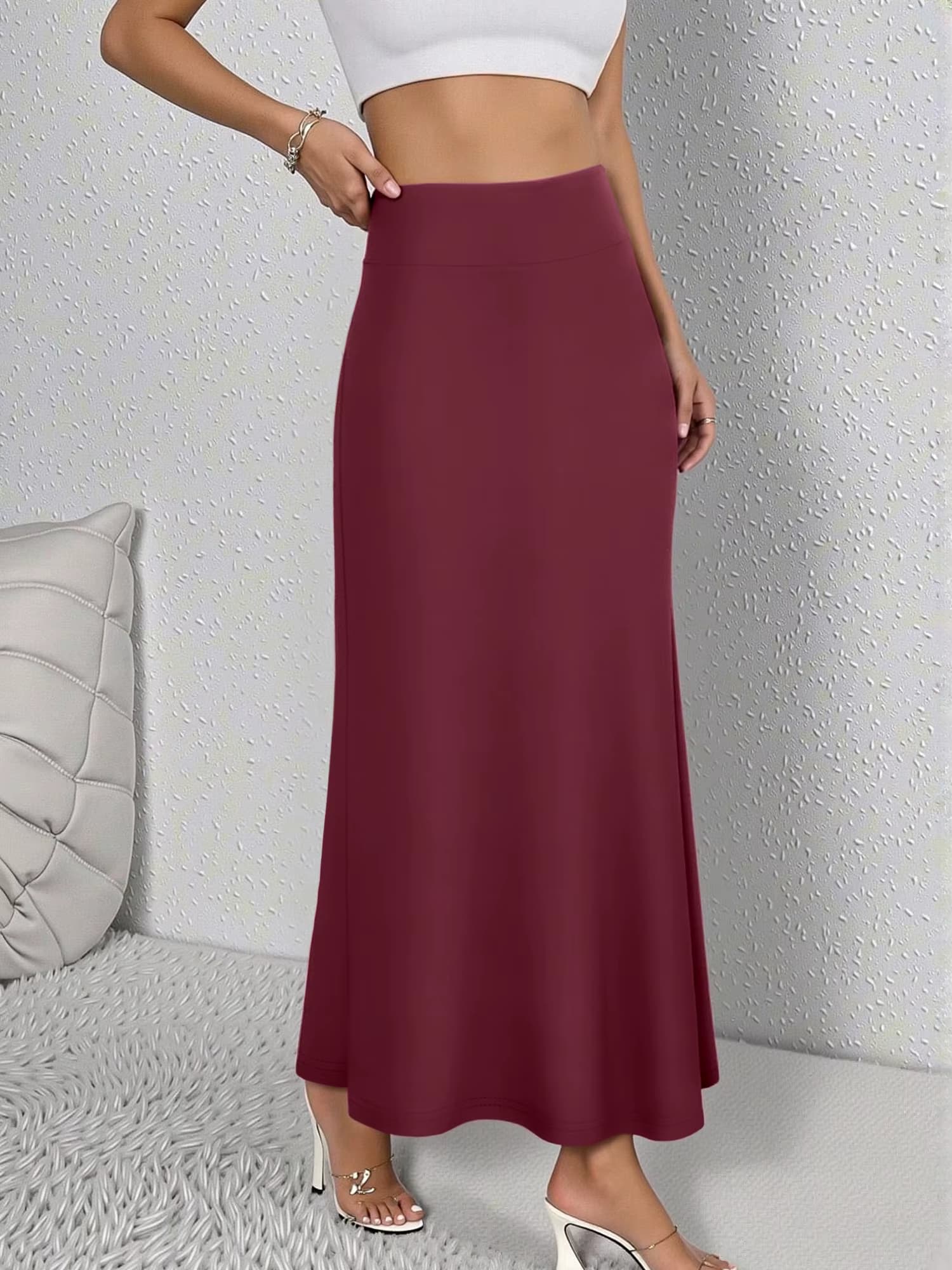 Damen-Midirock mit hoher Taille, Meerjungfrauen-Schnitt, fließendem Saum, atmungsaktiv, lässige Streetwear, einfarbig, langer Rock