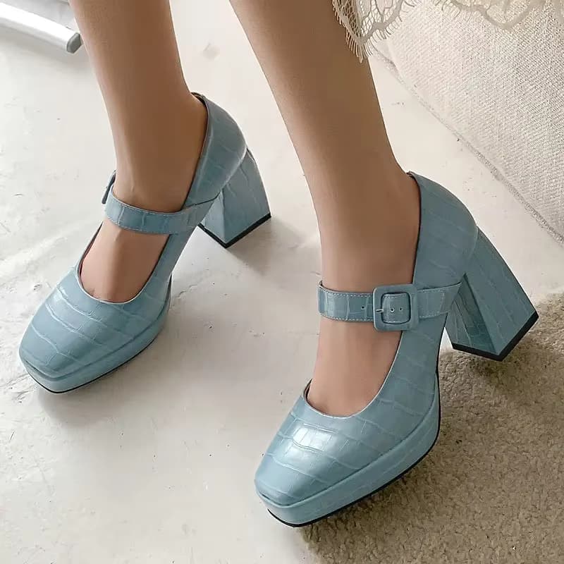 Frühling Neue Blau Gelb Braun Dame Pumpen Plus Größe 33-43 Büro Kleid Plattform Mary Janes Schuhe Chunky High Heels für Frauen