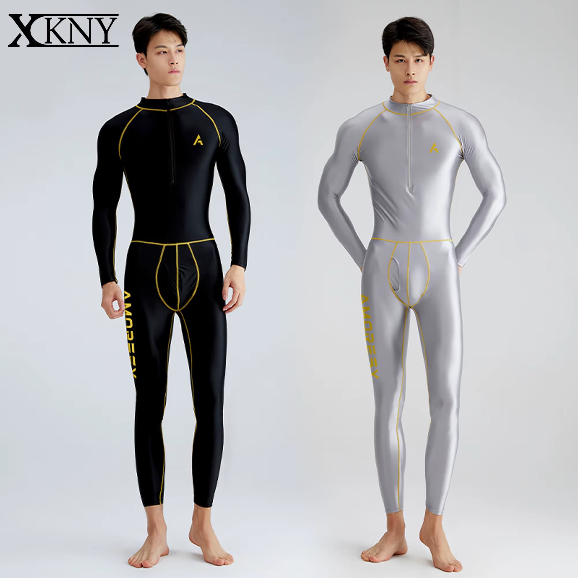 AMORESY Satin glänzender Herren-Frontreißverschluss, langärmelige Hose, Strumpfhosen, Seide, glatt, Surfanzug, Yoga, Sportbekleidung, Body