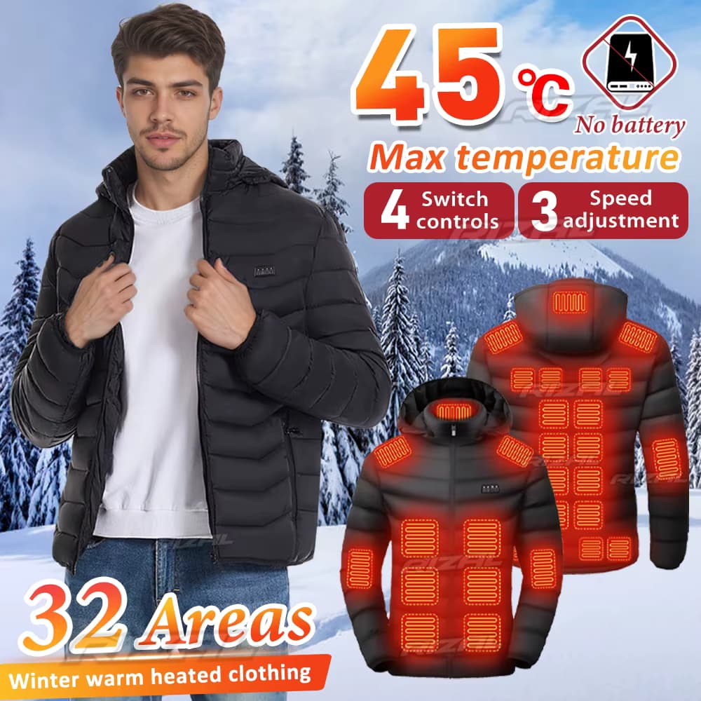 Intelligente beheizte Jacke mit 32 Heizzonen, 4 Schaltern, 3 Heizstufen, max. 45 °C, für Outdoor-Aktivitäten und Winterwandern