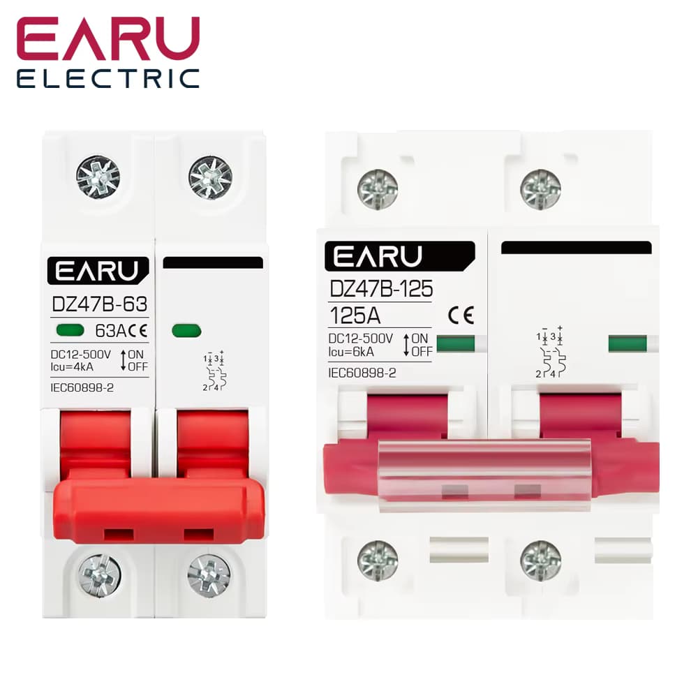 EARU 2P DC MCB 12V 24V 48V 500V Schutzschalter Batterie-Autoschutzschalter DZ47 DC Plus- und Minuspol-Schutzschalter Isolator