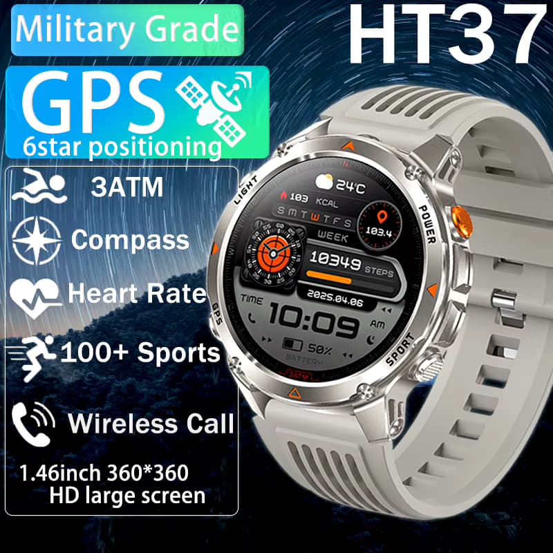 Neue Outdoor Herren GPS Smartwatch 1,46 HD-Display Eingebauter Kompass Barometrischer Höhenmesser LED-Taschenlampe Bluetooth-Anruf Smartwatch