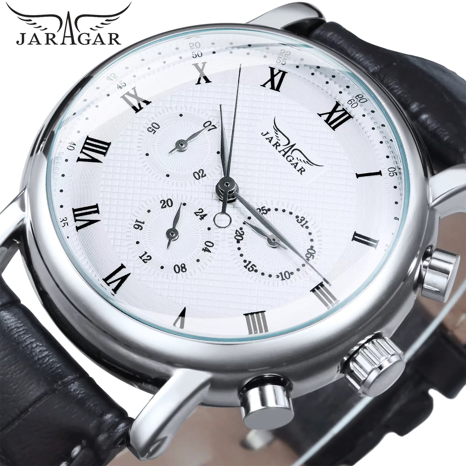 Jaragar Pilot Multifunktions-Mechanische Uhr für Herren, modisch, 24-Stunden-Wochenanzeige, Lederarmband, Business-Automatikuhren 2024