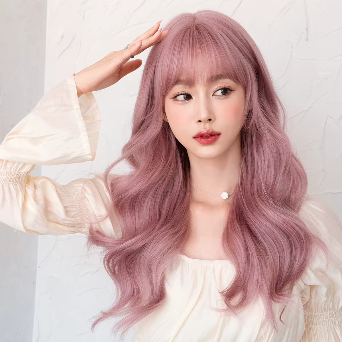 7JHH WIGS Lange gewellte rosa Perücken für Frauen, tägliches Party-Kostüm, Kunsthaar-Perücke mit Pony, Halloween-Kostüm, Karneval, Lolita-Perücke