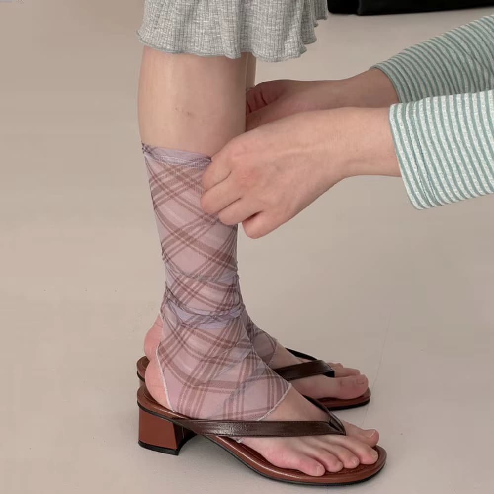 Retro Karierte Netz-Beinstulpen Dünne Atmungsaktive Netz-Mittelsocken Mädchen Beinabdeckung Sommer Sonnenschutz Fußabdeckung Damen Beinwärmer