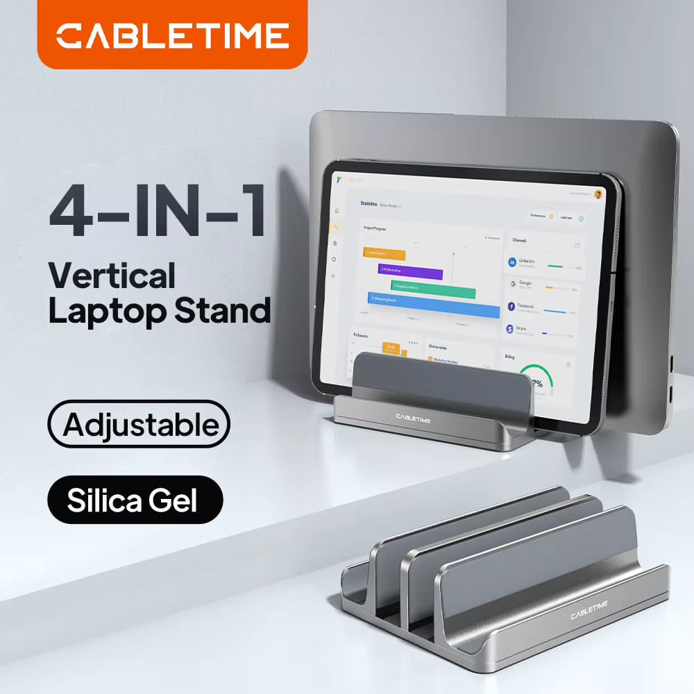 CABLETIME Dualer vertikaler Laptop-Ständer aus eloxiertem Aluminium, Wärmeableitung, verstellbare Größe für MacBook Pro, Laptop- und Tablet-Halterung