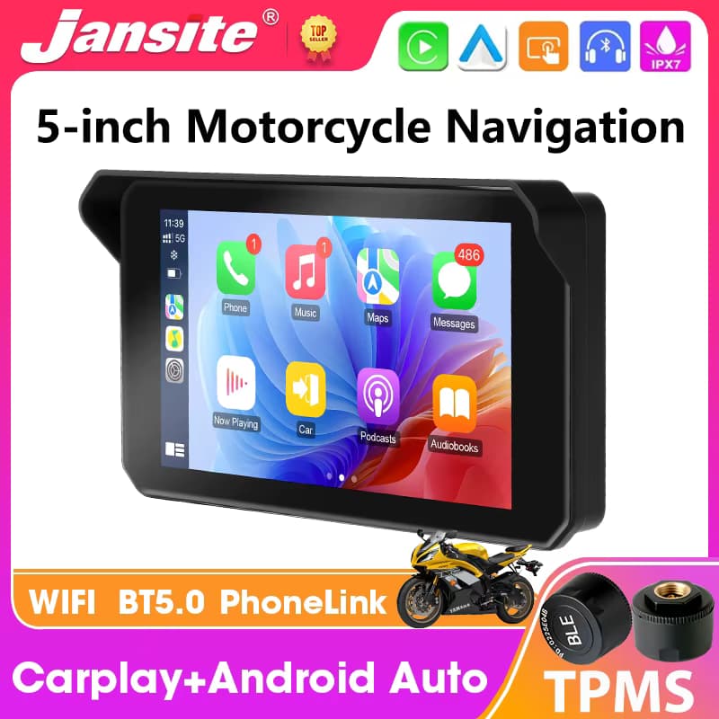 Tragbares 5-Zoll-Motorrad-GPS-Navigationsgerät mit Bluetooth, Wireless Carplay, Android Auto, IPX7 Wasserdichtes Display, Moto-Armaturenbrett-Monitor