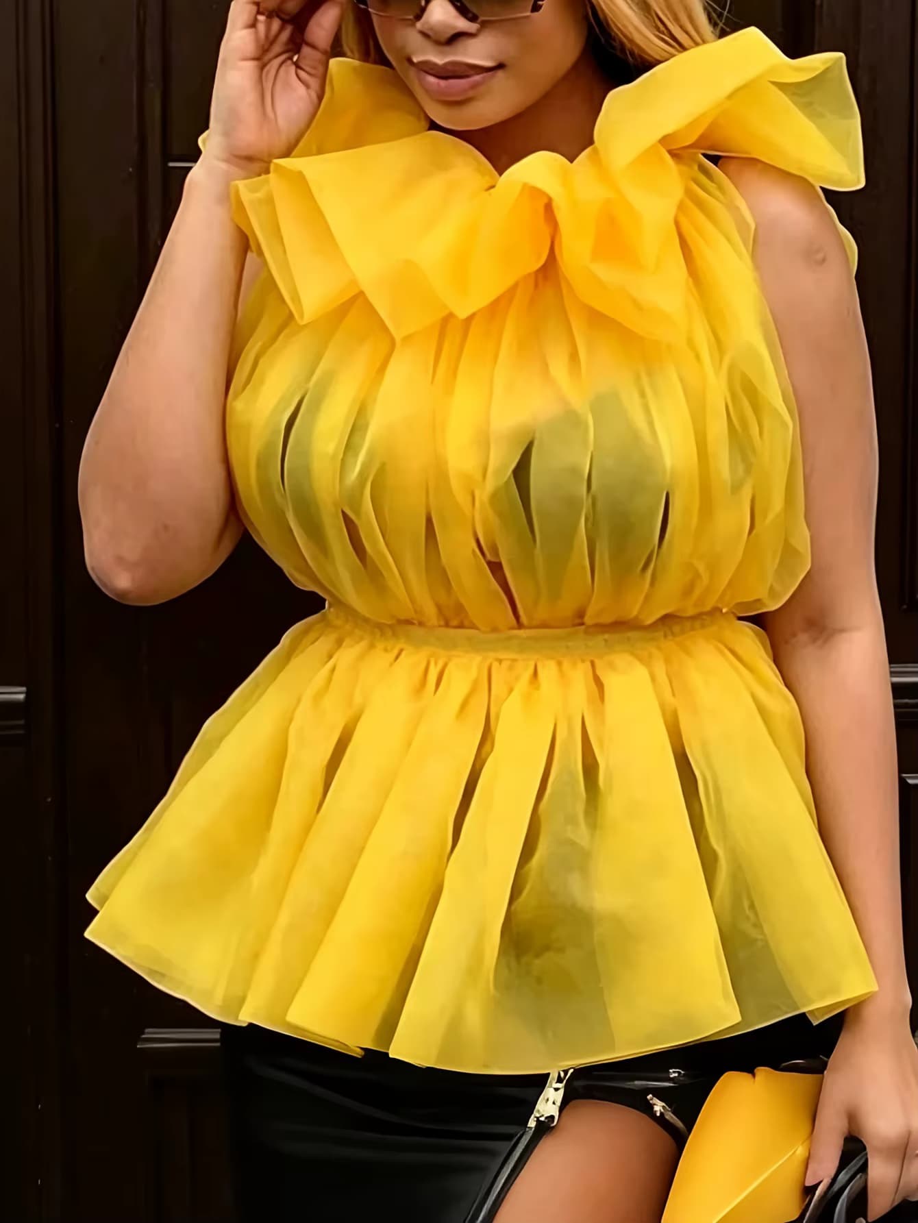 Organza Ärmellose Peplum-Bluse mit Großer Schleife, Neckholder-Ausschnitt, Transparentem Netzstoff, Rüschen und Ausgestelltem Saum für Damen