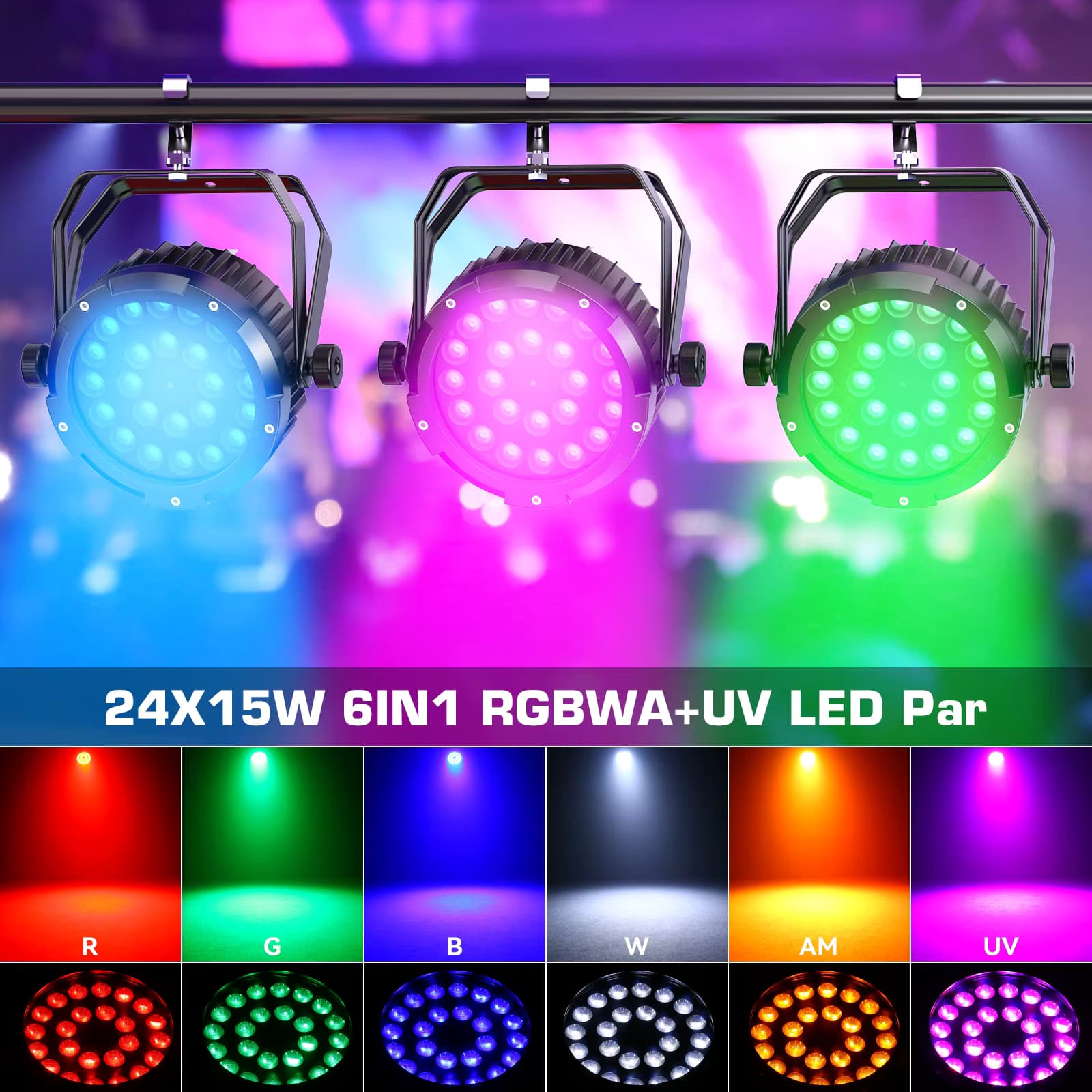U'King 2 Stück Wasserdichte LED Par-Leuchten 24x15W RGBWA+UV 6IN1 LED Par-Licht DMX512 Stroboskop-Effekt Bühnenlicht für DJ Disco Party Show