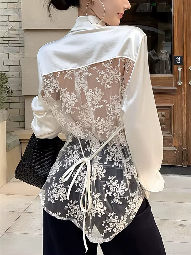 Rückenfreies, elegantes Seidensatin-Oversize-Hemd für Damen, langärmelig, lockere, lässige Spitze, Basic-Bluse, Damen-Büro, langes Hemd mit Knopfleiste