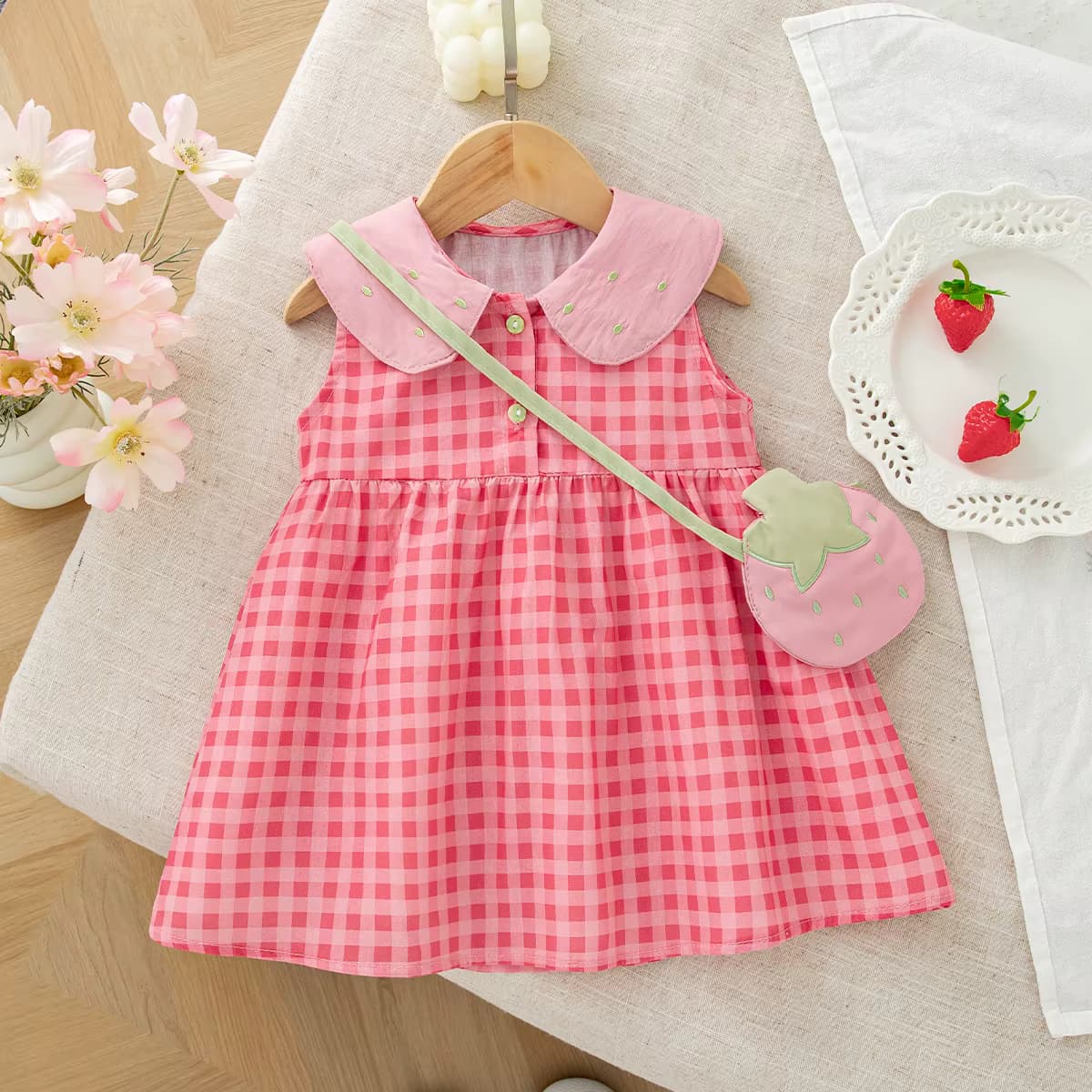 Mädchenkleider Sommer Baumwolle Einfarbig Karierter Kragen Ärmellos Baby-Mädchen-Kleid Cartoon Niedlich Strand Baby-Mädchen-Kleidung