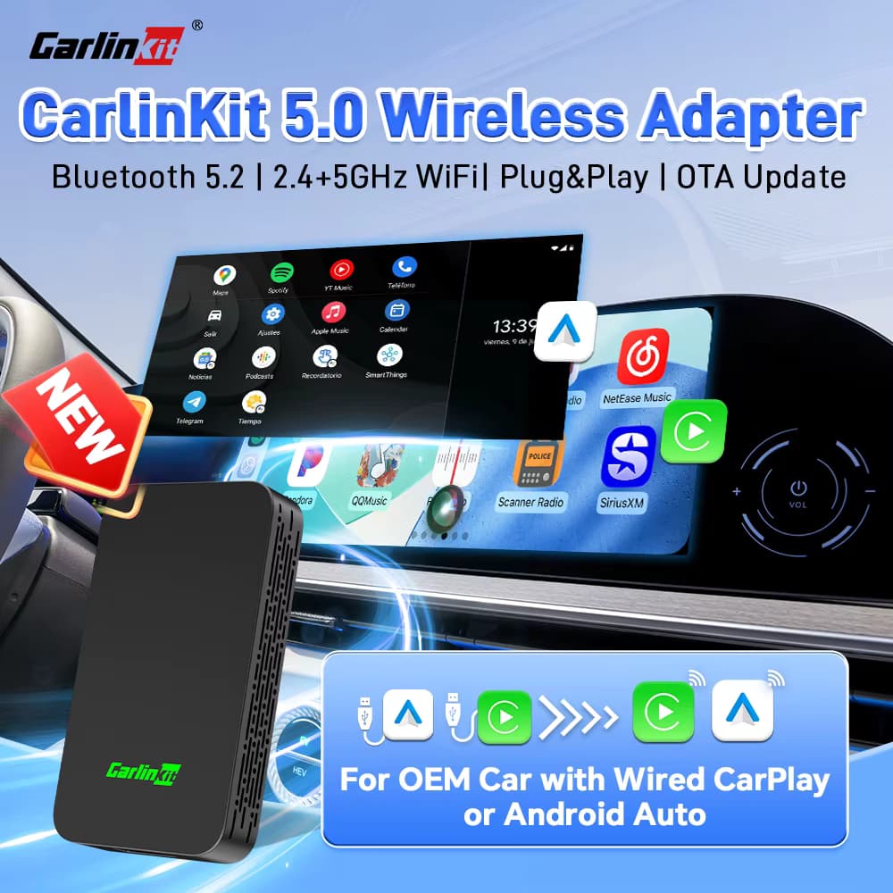 CarlinKit 5.0 C2Air Kabelloser CarPlay Android Auto Adapter für OEM-Fahrzeuge Kabelgebunden zu Kabellos CarPlay Box Dual-Modus Bluetooth 5.2 OTA