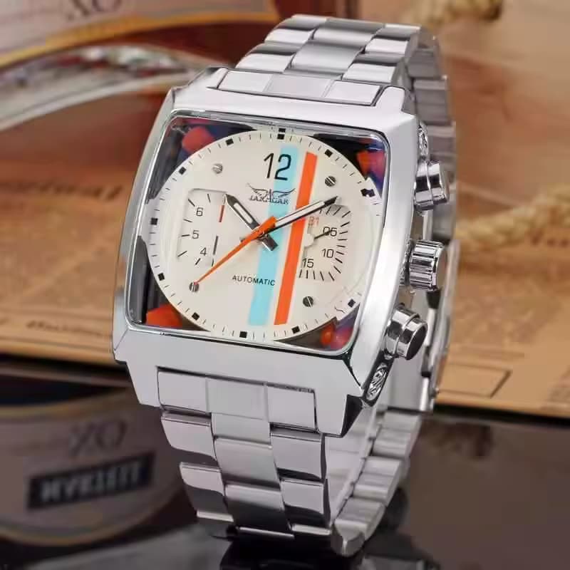 JARAGAR 569 Retro Quadratisches Zifferblatt Einzigartige Herren Automatik-Mechanische Uhr Kalender Woche Stahlarmband Casual Herrenuhr Reloj Hombre