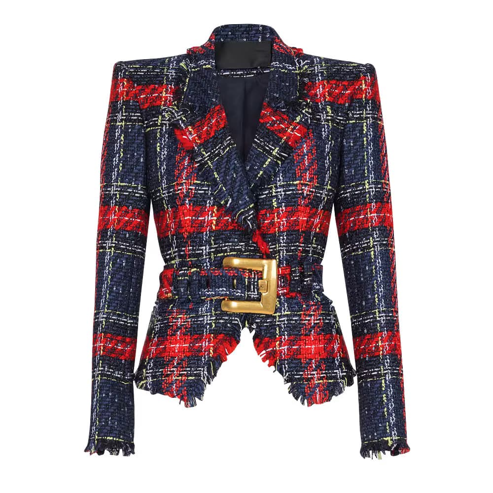 HIGH STREET Neueste Mode 2026 Designer-Jacke Damen Gürtel Schlanke Doppelreihige Karierte Fransen-Tweed-Jacke