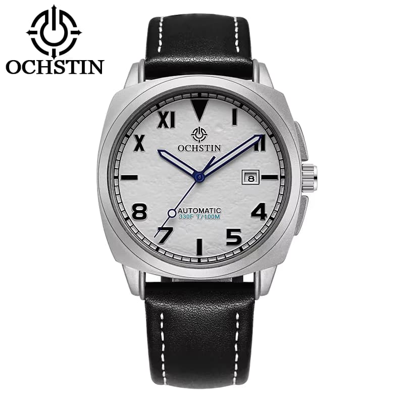 OCHSTIN California Dial Automatikuhr für Herren, klassisches Militär-Kissengehäuse, automatisches Datum, mechanisches Lederarmband, Herren-Armbanduhr