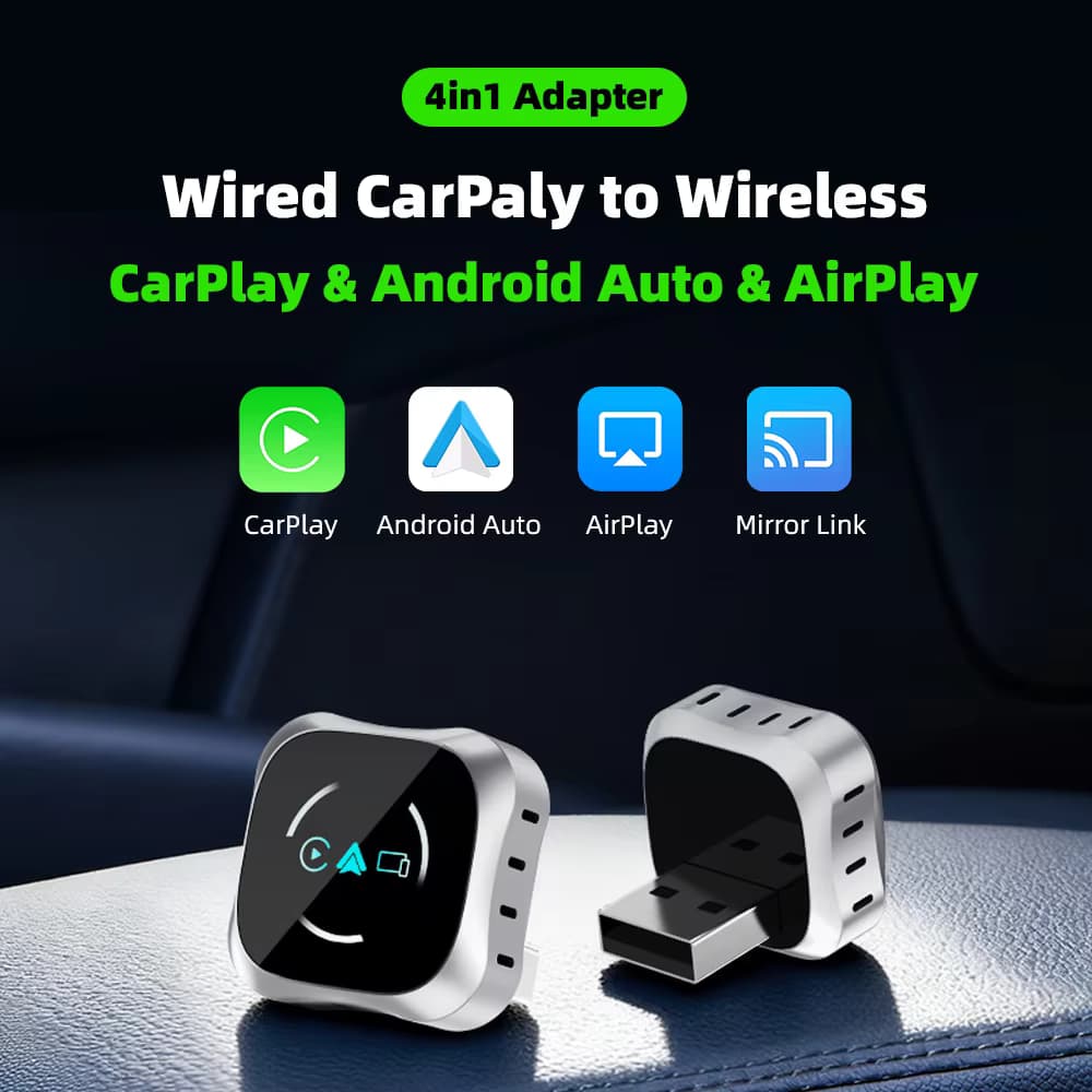 4-in-1 CarPlay Android Auto AirPlay Mirror Link Stabiler Bluetooth-Adapter Kabelgebunden zu Kabellos für Volvo Benz MG Kia