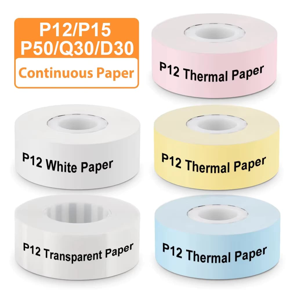 P12 Mini-Drucker Thermo-Etikettenpapier Continus Etikettenband 15 mm * 7 m selbstklebender Aufkleber für P15 P50 Q30 D30 KingJim LR5C Maschine