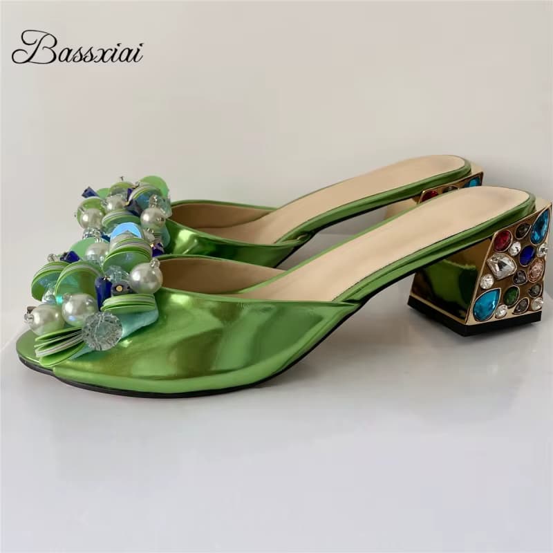 Perlen Perle Bling Pailletten Blume Sommer Pantoletten Bunte Diamant Quadratische Ferse Patent Leder Pumps Sandalen Frauen
