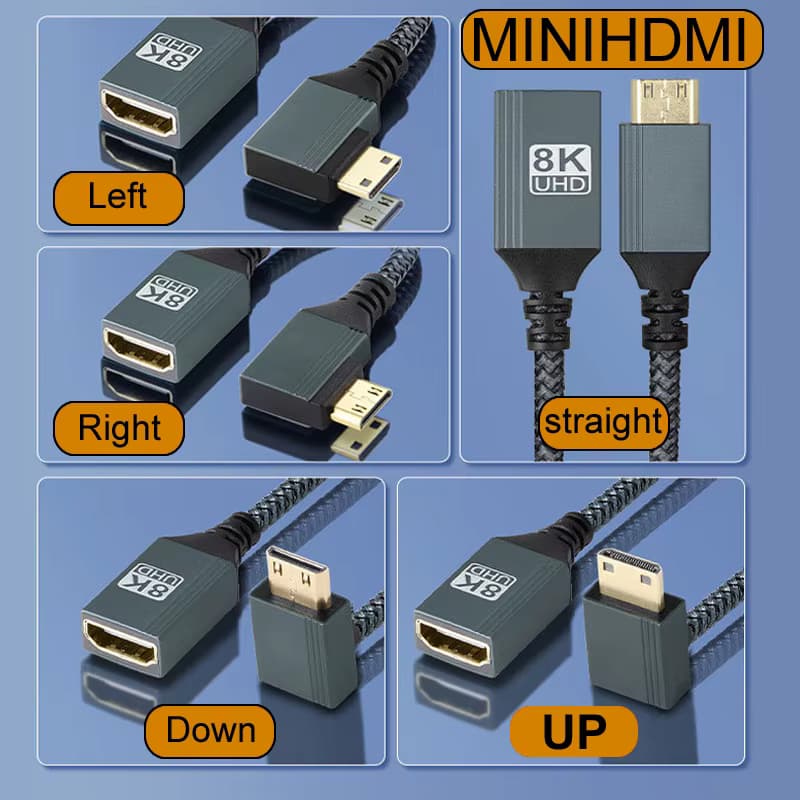 15CM Nylon-Geflechtkabel 8K/60Hz/122Hz MINIHDMI MINI HDMI Stecker auf Buchse HDMI-Kompatibler Adapter Gerades/Links-/Rechts-/Oben-/Unten-Winkelkabel