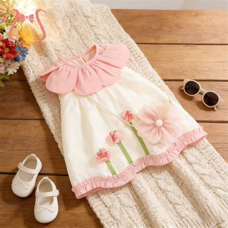 2-teiliges Set Entzückende Kinderkleidung mit Blumenmuster, Kleinkind-Mädchenkleid mit Blütenblattkragen, Kostüm für 0-4 Jahre, Neugeborenen-Kleider