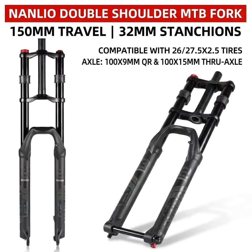 NanLio Dual Crown MTB-Luftgabel 27,5/29 Zoll (2,5 Zoll Reifen) – 150 mm Federweg, Rückprallverstellung, 32 mm 15/9 x 100 mm für E-Bike und Downhill