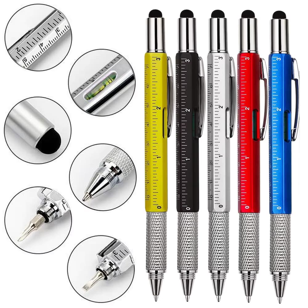 Universeller 7-in-1-Multifunktionsstift mit Touchscreen-Eingabestift, kapazitiver Stift mit Schraubendreher, Lineal, Nivelliergerät, Kugelschreiber-Bleistiftwerkzeug