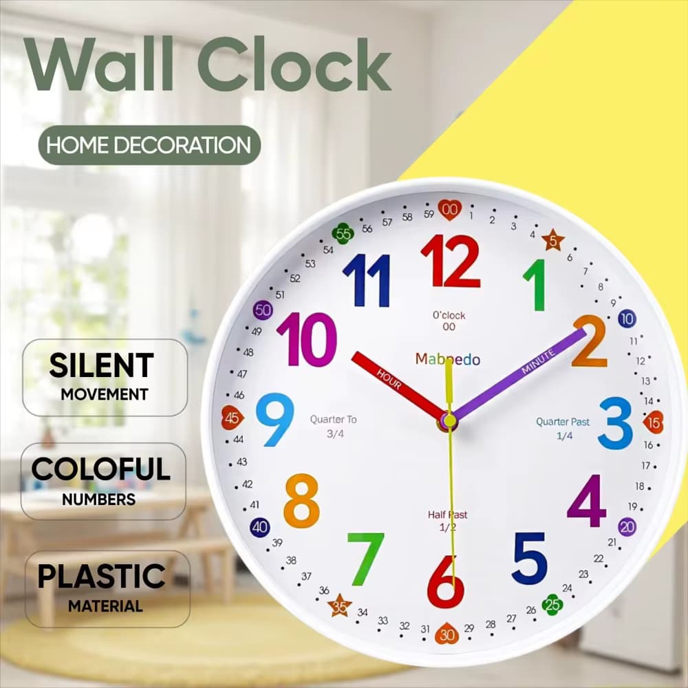 Früherziehung Wanduhr Bunte Zahl Kinder Lernzeit für Schule Klassenzimmer Schlafzimmer Stille Analoguhr 8/10/12 Zoll