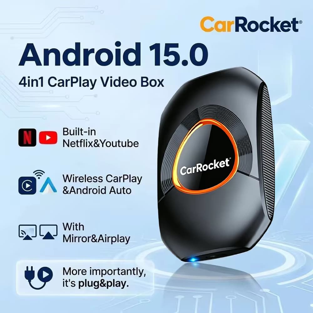 CarRocket Wireless CarPlay AI Box Plug & Play Android 15 Netflix YouTube Auto-Multimedia-Videobox für Autos mit kabelgebundenem CarPlay