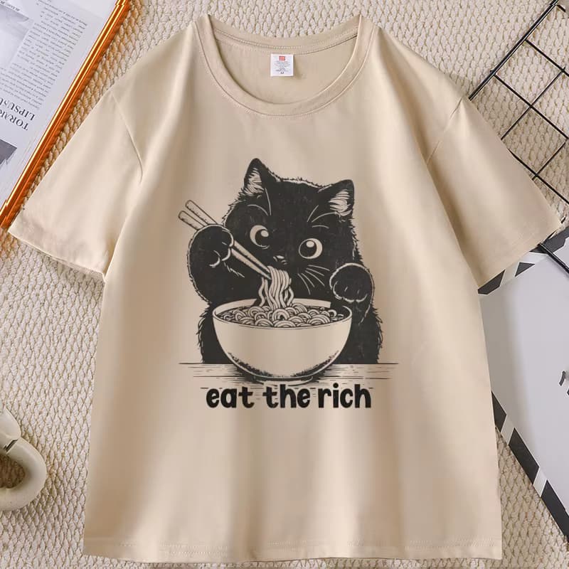 Eat The Rich T-Shirt, lustiges Katzen-Ramen-T-Shirt für Männer und Frauen, lässiges Kurzarm-T-Shirt, weiches Fitness-Sommerkleidung, Streetwear