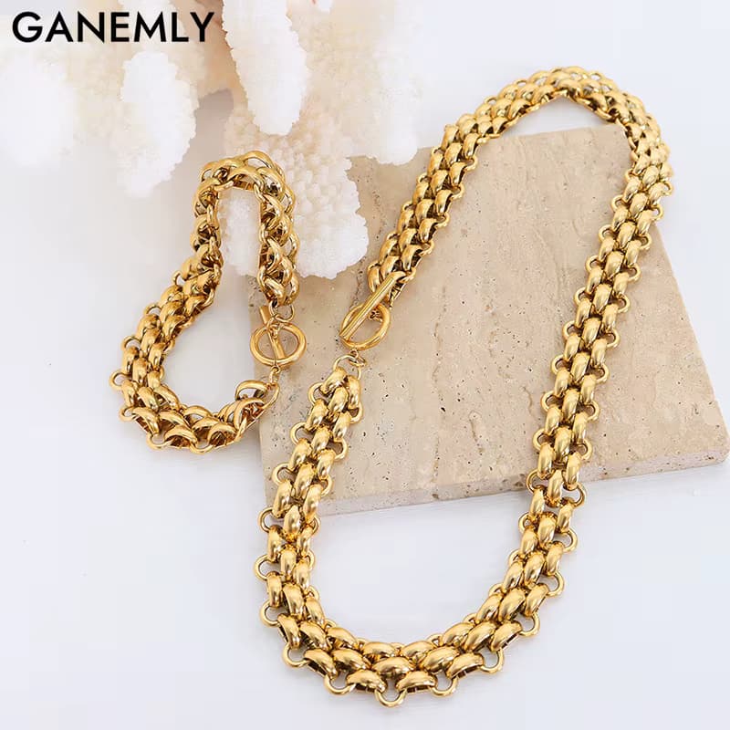 GANEMLY 2024 Neue Mode Edelstahl Metall Kubanischen Kette Halskette Armband Set Für Frauen Elegante Gold Farbe Wasserdicht Schmuck