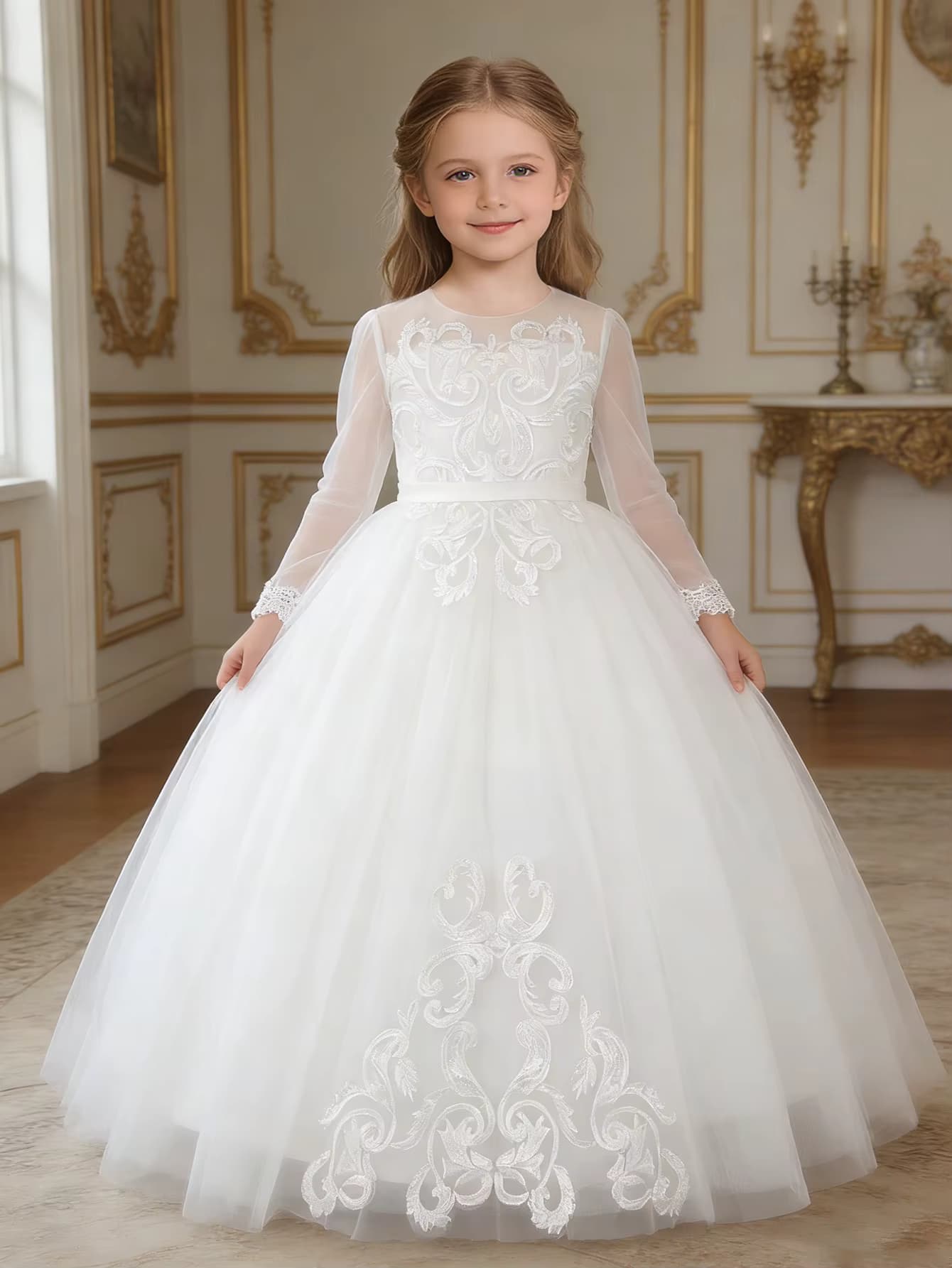 Mädchen Prinzessinnenkleid Langarm Spitze Stickerei Puffärmel Weißes Geburtstagskleid Blumenmädchenkleid