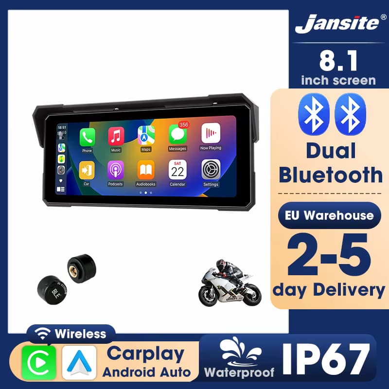 Jansite Tragbares 5/6,25/6,86/7/8,1 Zoll Motorrad-Display mit kabellosem Bluetooth, Carplay, Android Auto, Navigation, TPMS, digitalem Moto-Armaturenbrett, IP67 wasserdicht
