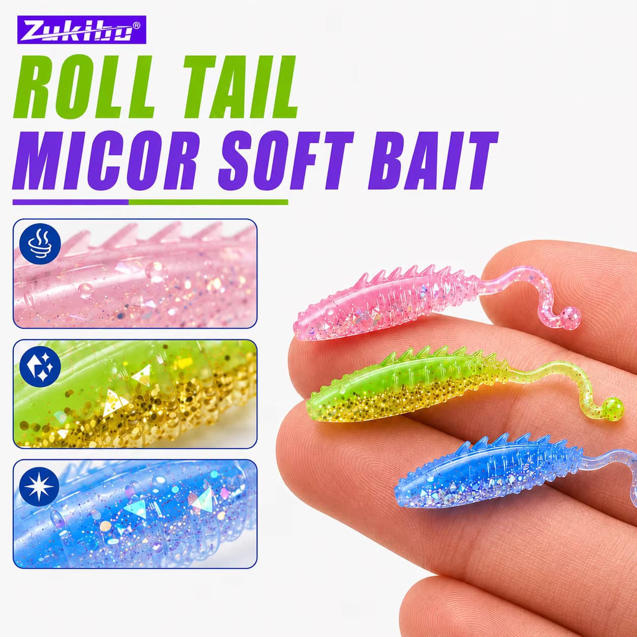 ZUKUBO 14 Stück 32MM Micro Curl Tail Grub Weichköder PVC-Kreaturenköder Jigkopf BFS Forellen-Barsch-Perch-Culter-Angelköder