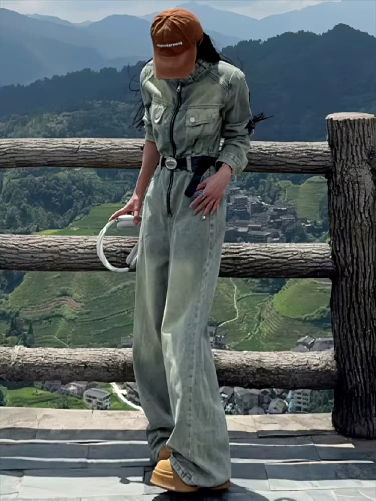 Boyfriend-Stil Damen Baggy Cross Hose Einteiler Cargo-Overall Vintage Loose Fit Overall auf Stück Reißverschluss Jeans Denim Hose