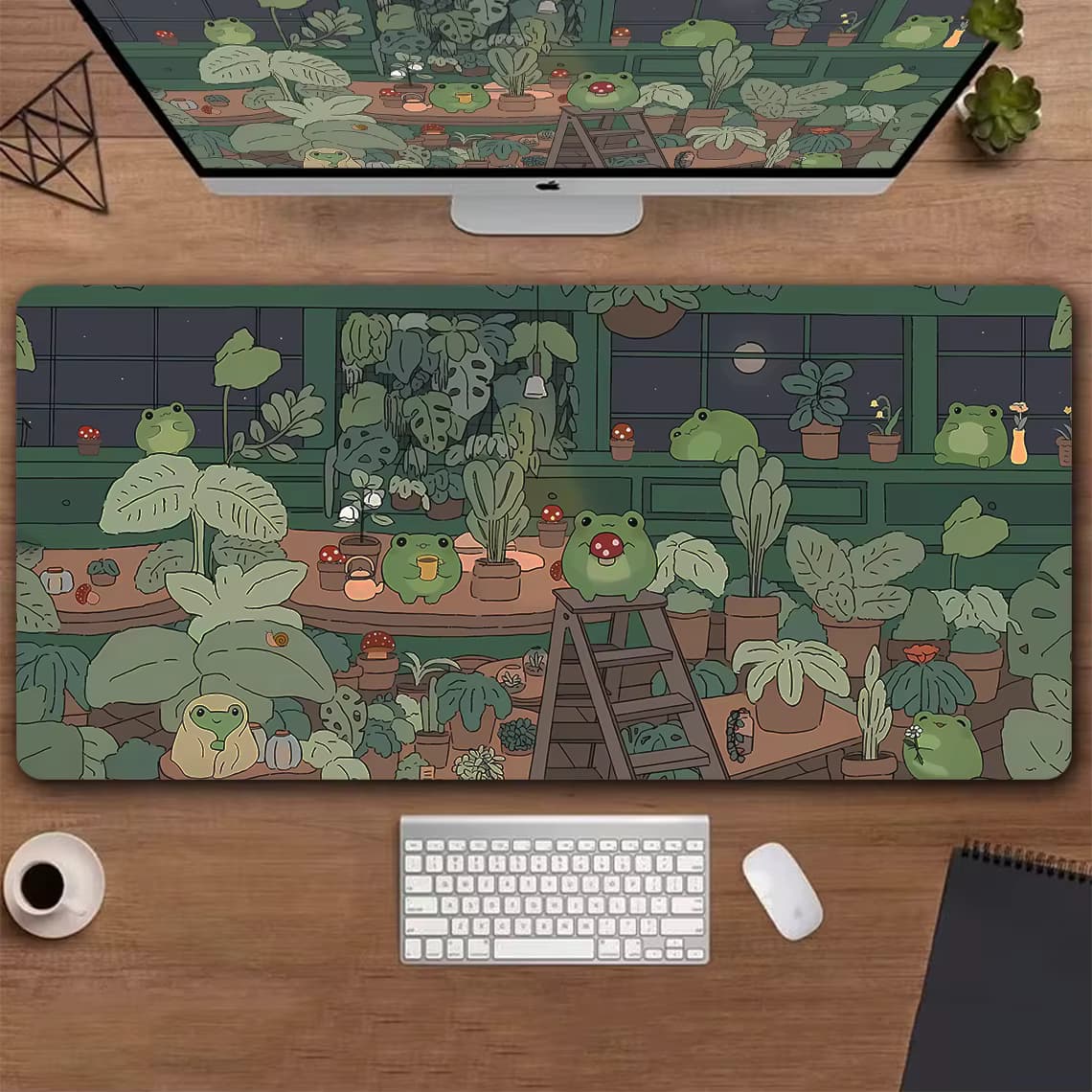Kawaii Frösche Schreibtischunterlage, großes Gaming-Mauspad, XXL, süßes Mauspad, Anime-Ästhetik, Cozi Lofi, Pflanze, Naturgrün, erweiterte Schreibtischunterlage