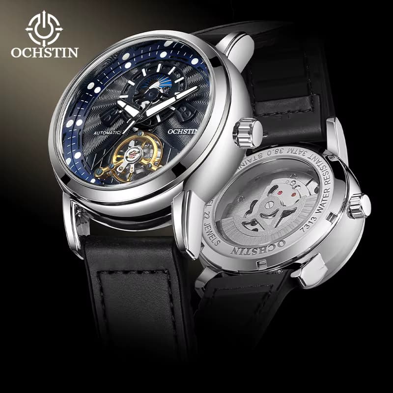 OCHSTIN Herrenuhr, automatisch, mechanisch, luxuriös, Tourbillon, offenes Herz, Vintage-Tag-Nacht-Zifferblatt, Lederarmband und Magnetverschluss