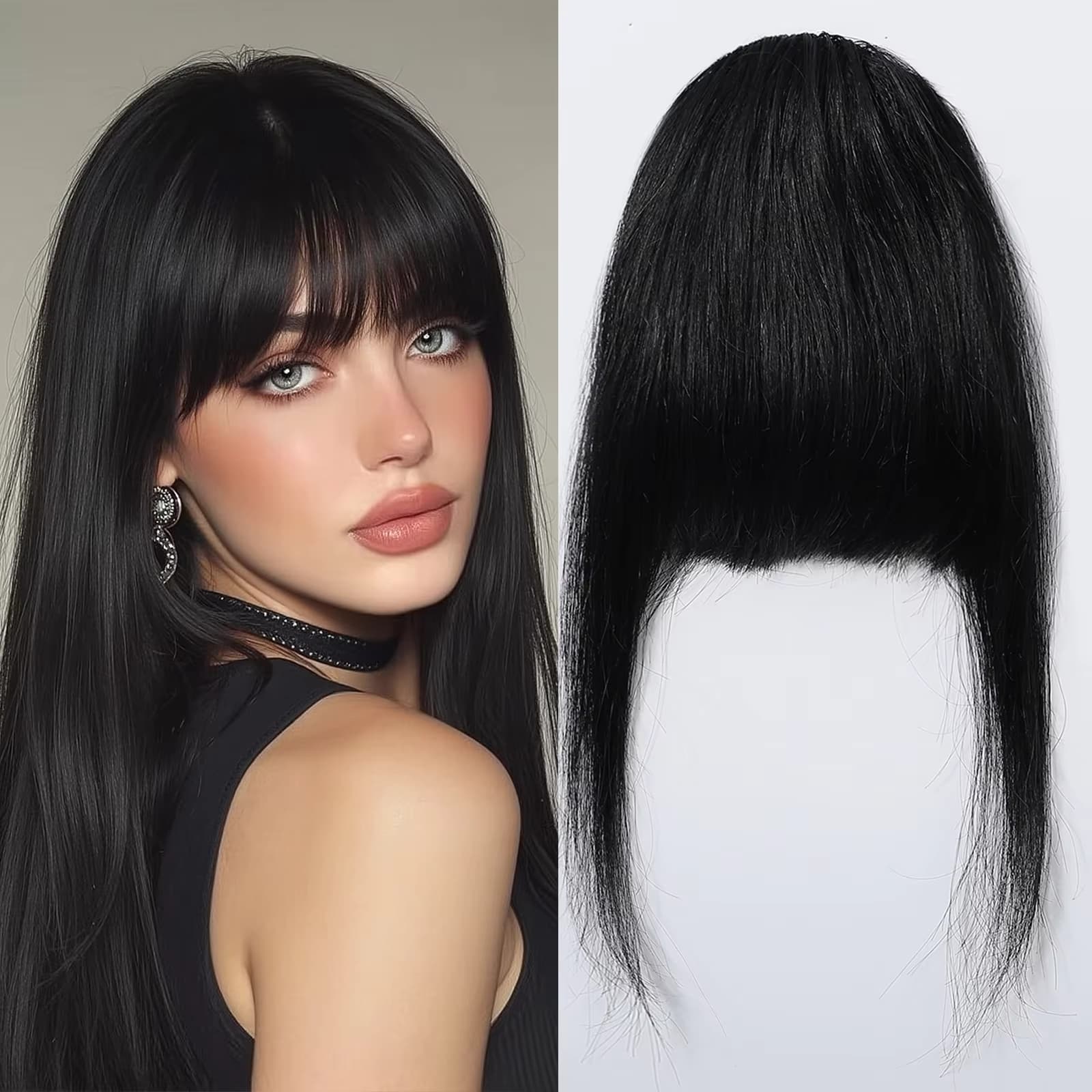 100 % Echthaar, schwarzer Pony mit Koteletten, Clip-in-Air-Haarverlängerung mit Wispy-Fransen für den täglichen Gebrauch, Echthaar-Pony