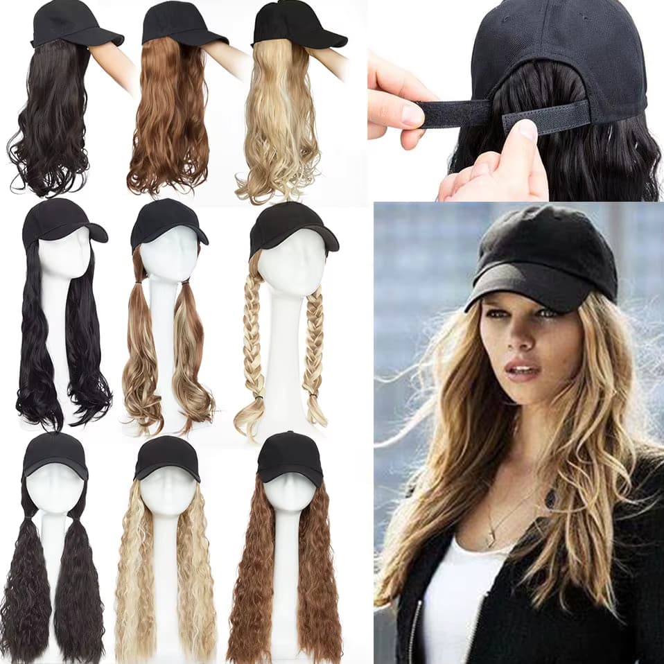 Snoilite synthetische lange gewellte Baseballkappe mit Haarverlängerung, integrierte Mütze für Frauen und Mädchen, tägliche Frisur-Perücke